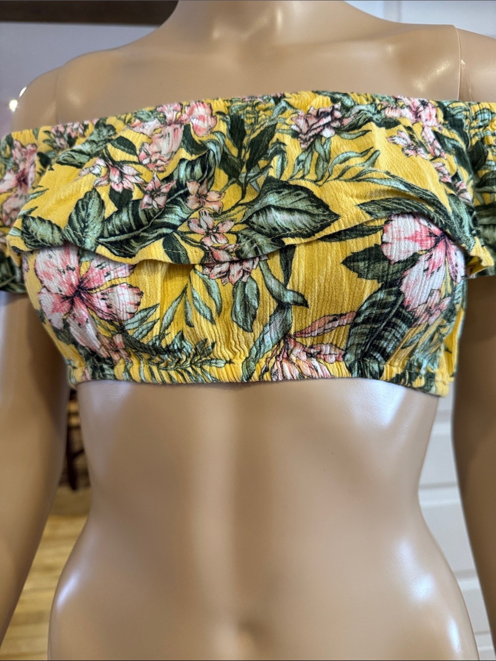 Yellow Floral Off-Shoulder Crop Top
